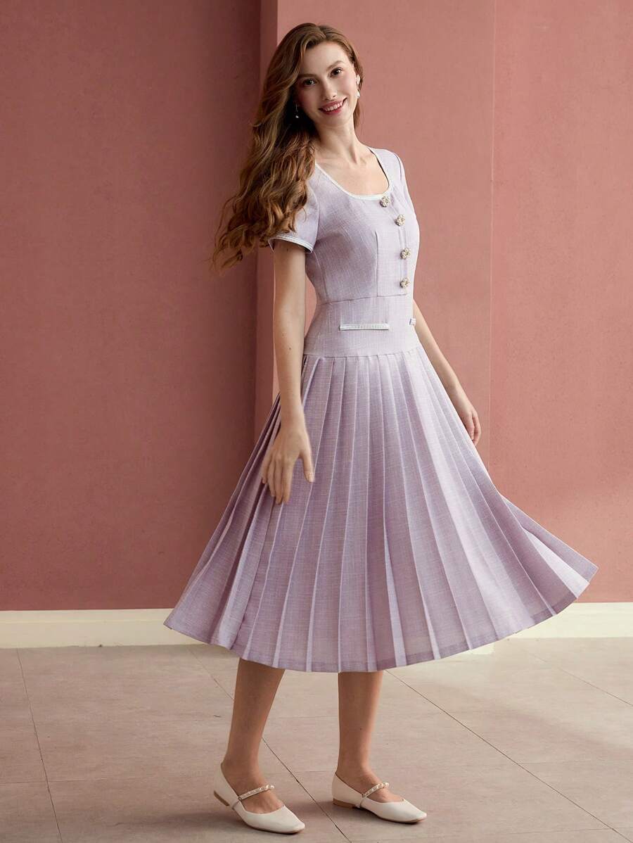 MOTF PREMIUM 褶饰撞色连衣裙 - 紫色 - 查看 1