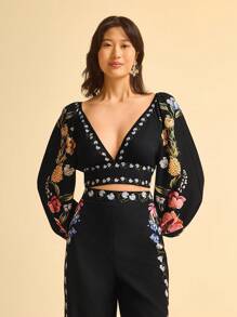 CAJUNI 女式波西米亚风热带花卉和菠萝印花深 V 领露背系带蝴蝶结灯笼袖休闲衬衫