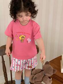 Hapijoa Toddler Girl Casual Round Neck Cartoon Print T-Shirt And Plaid Shorts Set, Home Outfit