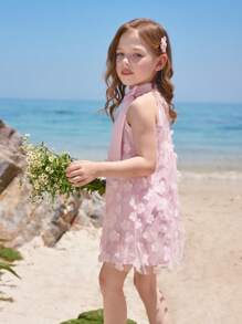 SHEIN Young Girl's Stand Collar Mesh Floral Casual Loose Halter Dress