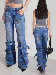 LYSMO Jeans casual a zampa con tasche e design con fibbia regolabile per donna