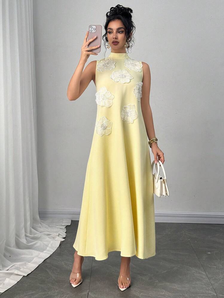 Modelyn Women's Fashion Elegant Luxury Floral 3D Embroidered Loose A-Line Long Dress, Light Yellow - Butter Yellow - View 6