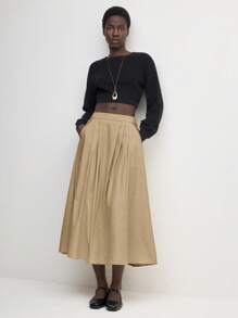 BizChic 2025 Autumn Women's Khaki Pleated Waist Slant Pocket Flared Hem Design Skirt, Elegant Business Casual Everyday Commute, Suitable For Beach Resort, Wedding Guest, Brunch, Airport, 90s Retro Style, Office Wear, Teacher Attire