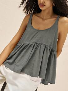 Easelle Summer Knit Vintage Washed Patchwork A-Line Tank Top - Grey - View 6