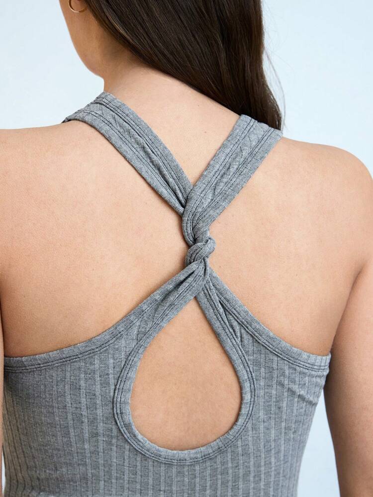 SHEIN Maija 2025 Summer New Gray Asymmetrical Criss-Cross Hollow Out Design Women Sleeveless Knitted Tank Top, Chic Urban Everyday Commute Fashion, Casual Versatile Summer Beach Holiday Daily Wear, Elegant Party Wedding Guest Brunch Music Festival Graduation