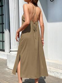 Pariaura 女式露背侧开衩连衣裙 - Ins 风格 - 卡其色 - 查看 2
