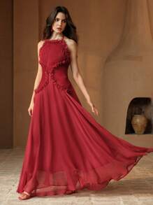 Anewsta Elegante abito midi rosso con spallina a spaghetti, vita arricciata e balza, abito da festa formale di alta qualità mini