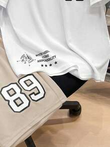 2Pcs Tween Boy Sports & Casual Outfit: Soft, Comfortable, Versatile Short Sleeve Graphic T-Shirt And Elastic Waist Shorts Set, Suitable For Spring, Summer, Autumn, Daily Wear, Outdoor Play, School, Street, Party And Home - Apricot - View 3