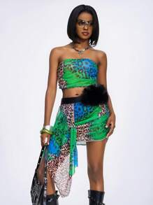 Slaydiva Set de costume de baie de plajă cu imprimeu leopard, model primăvară-vară 2025, croazieră, călătorii, plajă, vacanță, plajă, stațiune, top de bikini tip bandeau + fustă mini, sarong - B - Multicolor - Vizualizare 6