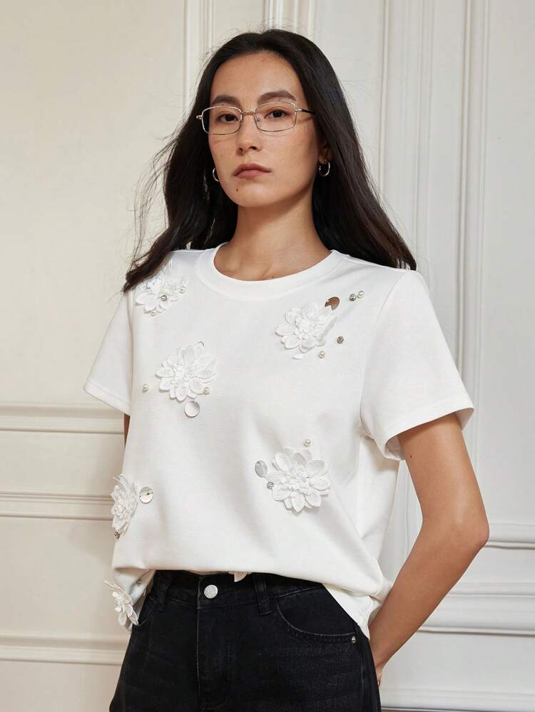 Women's Casual Business Commuting Floral Sequin Beaded Decorated Elegant Short Sleeve T-Shirt, Summer,Business Casual Women