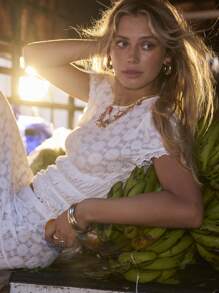 Aralina Lace White Boho Ruched Shirring Waist Summer Vacation Top - White - View 6