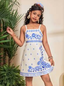 SHEIN Vestido de gasa con estampado floral, nudo en la cintura, sin espalda, lazo decorativo y corte evasé para niñas preadolescentes, ideal para uso casual y vacaciones - Azul - Ver 2