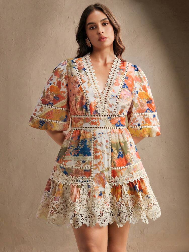 Plus Size Women Elegant V-Neck Lantern Sleeve Floral Print Patchwork Ruffled Hem Belted Midi Dress, Suitable For Spring Summer Festival Graduation