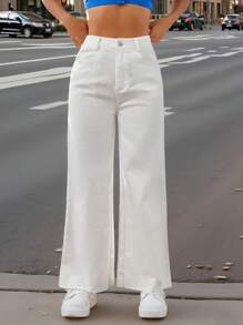 SHEIN EZwear 夏季服装纯色拉链门襟阔腿裤 - 白色 - 查看 7