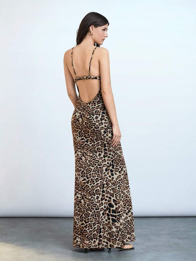 SHEIN Maija 2025 Summer New Leopard Print Adjustable Spaghetti Strap Backless Hollow Out Asymmetrical Hem Design Elastic Waist Women Summer Casual Beach Holiday Daily Party Cocktail Wedding Guest Brunch Music Festival Graduation Dress,Cheetah Print Dress