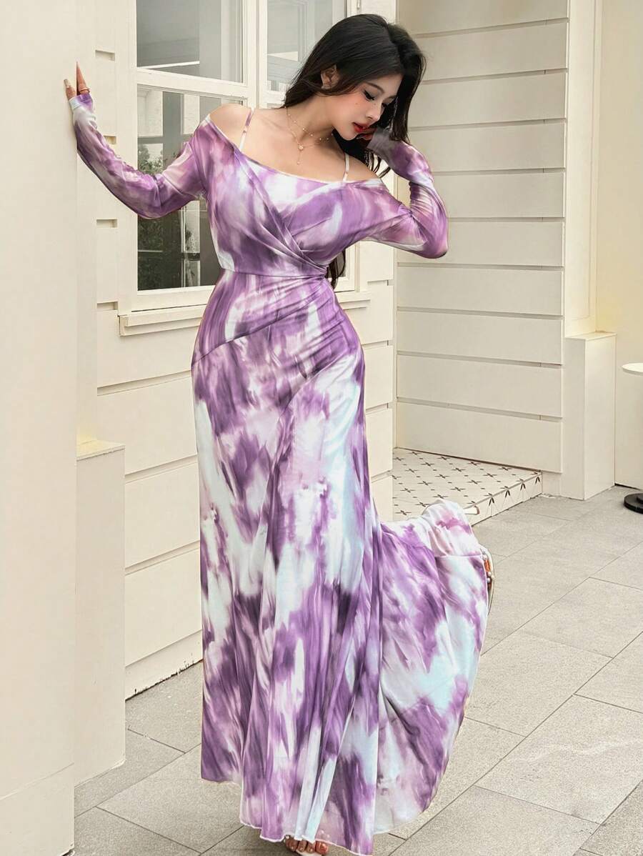 Modelyn Women Mesh-Overlay Butterfly Wrap Dress Bodycon Fishtail Gown - Multicolor - View 1