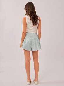 WESTFADE 夏季花朵刺绣格子孔眼编织高腰褶饰腰部可爱蝴蝶结西部流苏前扇形 A 字形乡村纳什维尔牛仔短裤 - 綠色 - 查看 2