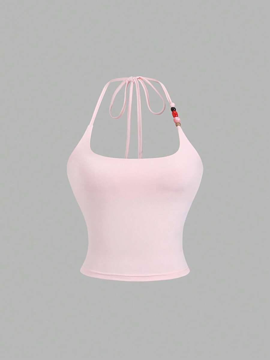 Sweetra Women's Solid Color Slim Fit Casual Halter Top, Fashionable & Versatile For Daily Wear And Commute, Summer