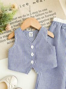 女宝宝夏季度假可爱蓝白条纹上衣和松紧腰阔腿裤套装 - 藍色 - 查看 5