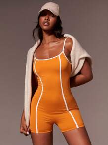 Athîral Women's Contrast Trim Spaghetti Strap Sleeveless Unitard, Sports Style For Summer, Athleisure - Orange - View 4