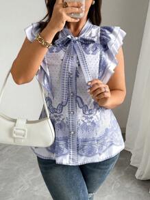 SHEIN Clasi 大码女式优雅通勤全身花卉印花领带衬衫 - 彩色 - 查看 3