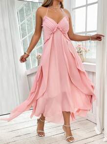 SHEIN LUNE Plus Size Women French Elegant Ruffle Backless Spaghetti Strap Dress, Pink - Coral Pink - View 5