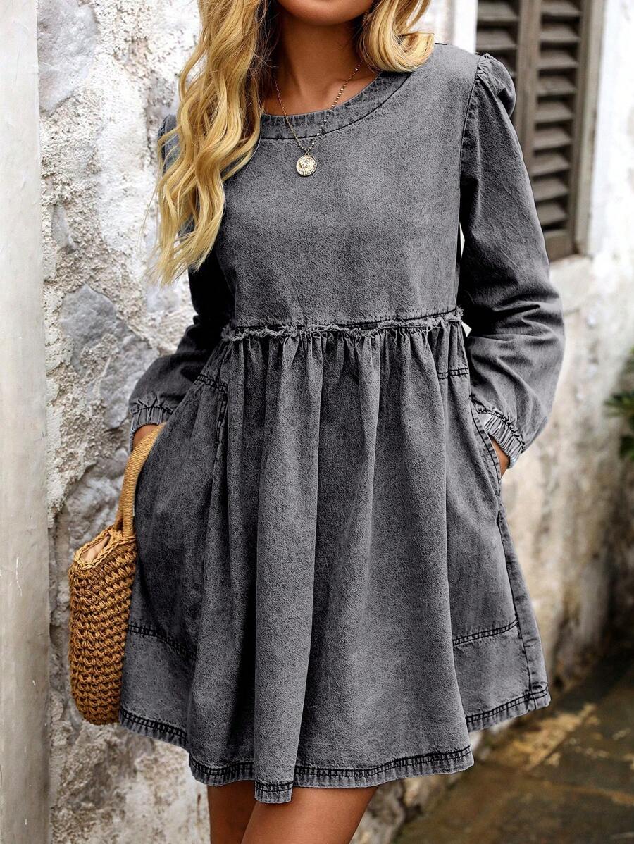 SHEIN Tall Tall Fashion Round Neck Frayed Hem Long Sleeve Washed Denim Dress