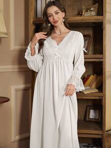 PalaceNights 女士优雅刺绣撞色蕾丝泡泡褶睡裙，奢华家居服，秋冬款 - 杏色 - 查看 4