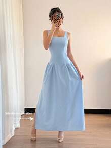 SHEIN Clasi Women's Elegant Summer Light Blue Tea Party Dress, Backless Boho Square Neck Sleeveless Long Dress With Tie Waist&Side Split For Vacation - Blue - View 1