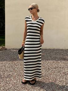 DAZY 夏季新款海滩度假风条纹针织女装连衣裙 女士毛衣连衣裙 度假 - 黑色 - 查看 5