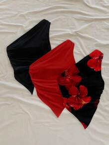 Soleia 三件套：休闲度假风格，性感红黑组合，热带花卉泼墨图案不对称下摆细肩带上衣，适合夏季、海滩、派对、音乐节