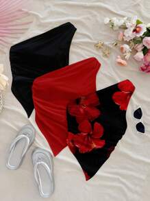 Soleia 三件套：休闲度假风格，性感红黑组合，热带花卉泼墨图案不对称下摆细肩带上衣，适合夏季、海滩、派对、音乐节