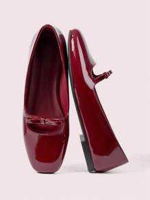 CUCCOO DOLLMOD Wine Red Round Toe Strap Bow Ballerina Flats, Fashion Comfortable Women Shoes For Commute, Party, Outing, Vacation For Christmas Spring Shoes - Burgundy - View 2