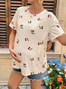 SHEIN T-shirt d'été de maternité décontracté à col rond et épaules tombantes avec imprimé cerises
