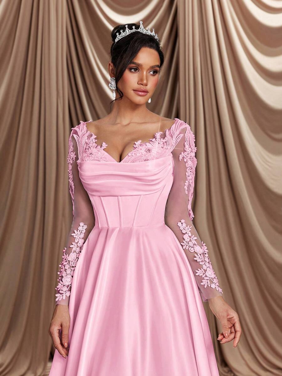 Glamrae Elegant Luxury Sheer Long Sleeve Lace, Crystal & Pearl Embroidery, Mesh & Satin Paneled Maxi Dress With Fishtail Hem, Suitable For Weddings, Parties, Honeymoon, Bride - Baby Pink - View 1