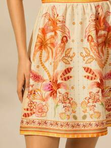 CAJUNI 女式波西米亚风热带椰子树花卉和鹦鹉印花休闲宽松 V 领短款迷你连衣裙，非常适合夏季海滩度假 - 彩色 - 查看 5