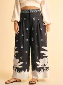 CAJUNI Plus Size Women's Tropical Banana Tree Print Loose Wide Leg Extra Long Pants, Casual And Vacation Style