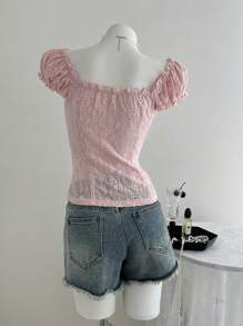 Elamini 纹理提花圆领泡泡袖收腰女式 T 恤，春夏