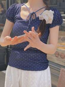 DAZY Áo thun nữ cổ tròn chấm bi buộc dây phía trước tay ngắn, phù hợp cho mùa hè - Màu xanh lam - Xem 3