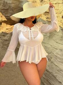 Swim SXY Plus Size Solid Color Ruffle Tie Front Sheer Long Sleeve Cover Up Coverup For Summer Beach Vacation - White - View 5