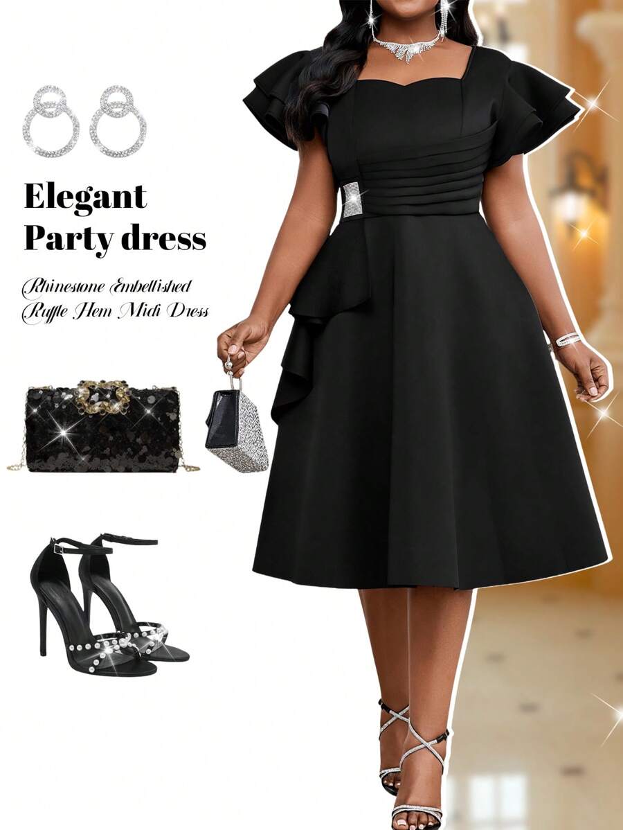 Fleurora Plus Size Elegant Solid Color Rhinestone Embellished Ruffle Hem Midi Dress