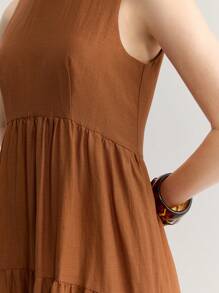 Ontre 女款四季棕色无袖简约节日连衣裙女长裙口袋简约时尚休闲日常连衣裙收腰连衣裙教师装 - 棕色 - 查看 7