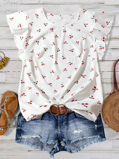 SHEIN LUNE 大码樱桃印花短袖衬衫