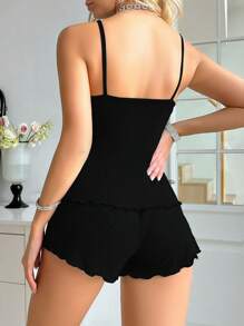 字母和睫毛印花荷叶边吊带背心和短裤睡衣套装 - 黑色 - 查看 2