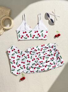 SHEIN Tween Girls Cute Cherry Print Bikini Swimsuit Set  With Pleated Side Drawstring Beach Skirt Summer Holiday - White - View 2