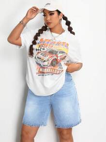 SHEIN ICON Plus Size Women's Loose-Fit Casual Denim Shorts With Pockets Autumn Outfits For Women Festival Outfits Bermuda Shorts Casual