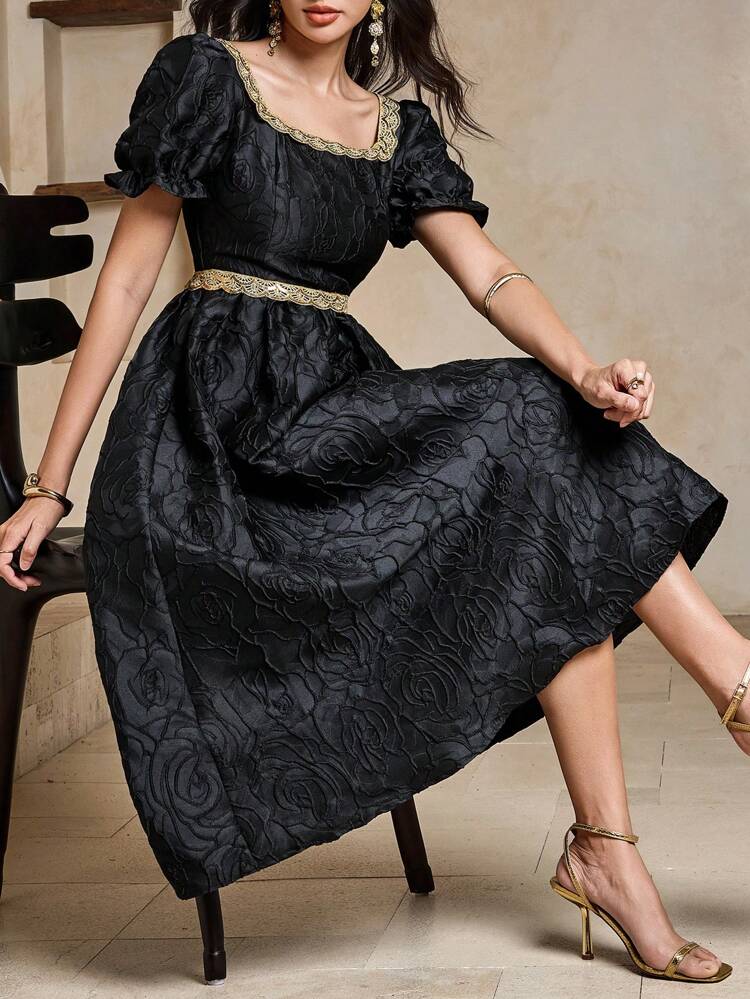 Women's Elegant Sequin Decor Jacquard Puff Sleeve Midi Dress, Summer