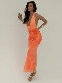 Aloruh 浪漫约会之夜低胸垂坠领露背紧身连衣裙，带链条装饰，性感，适合春夏度假 - 橘色 - 查看 7