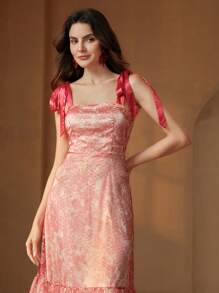 Anewsta Women's Long Ombre Printed Dress With Flared Skirt, Tie-Shoulder Elegant & Versatile Party Gown - Red - View 6