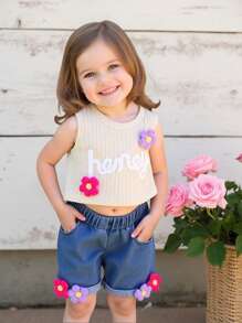 Bébé fille 2024 Nouveau Top sans manches rose pur fleur + short en jean fleur, été